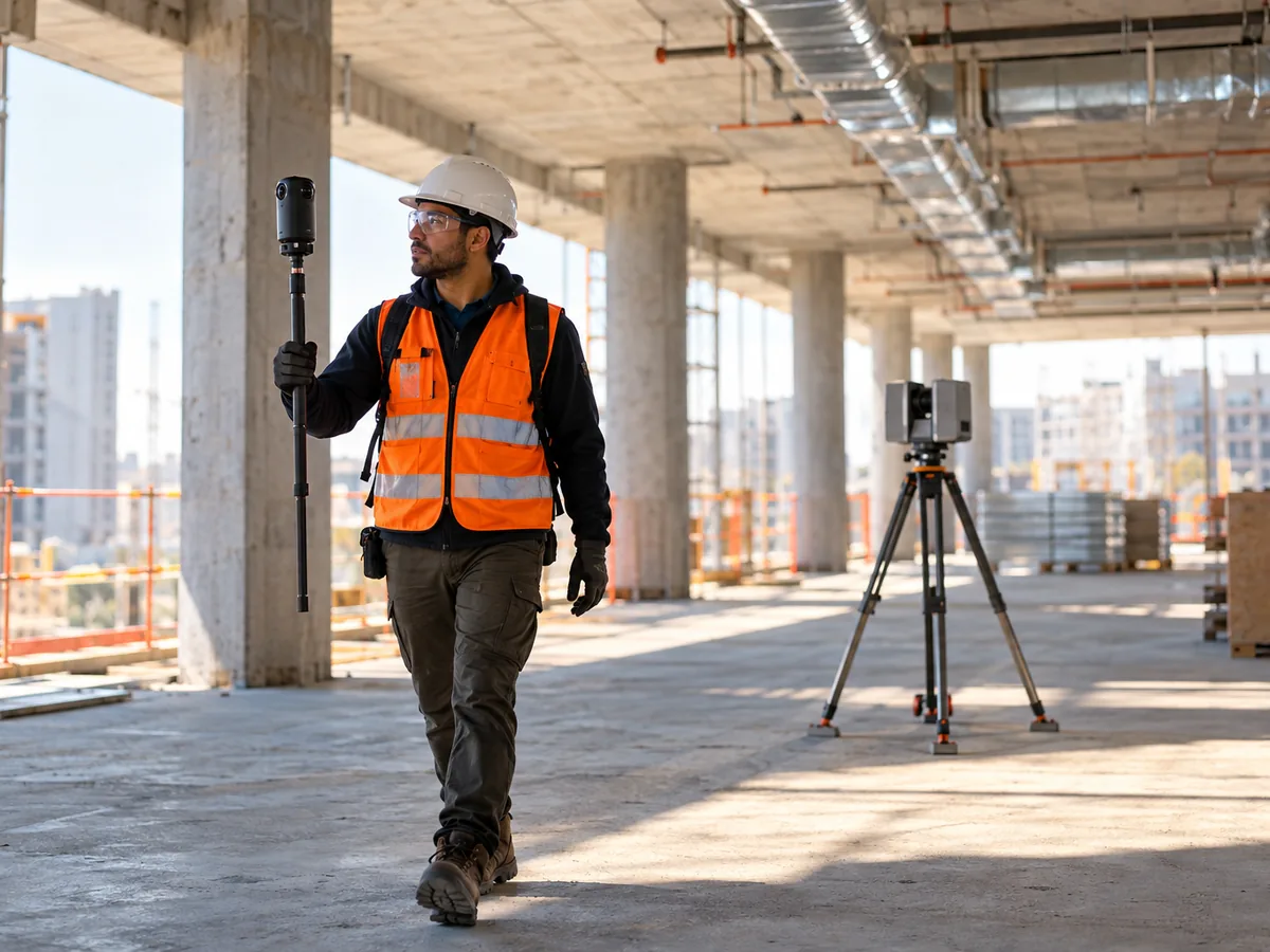 A surveyor in a hard hat and hi-vis vest walks across an unfinished concrete floor carrying a 360° camera on a monopod, with a laser scanner on a tripod nearby.