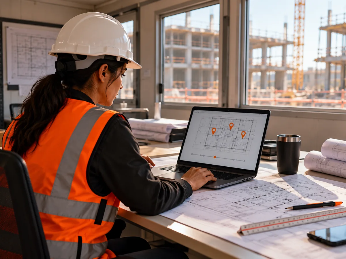 A project engineer in a hard hat works at a laptop showing a floor plan with orange location pins, with printed drawings and a scale ruler on the desk of a site office.