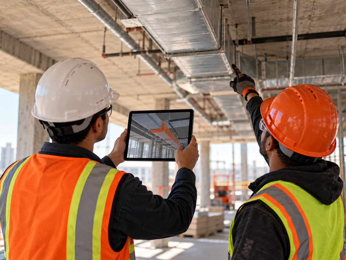 Two construction professionals look up at ceiling ductwork; one holds a tablet showing the model of the duct run to compare it with what is installed.