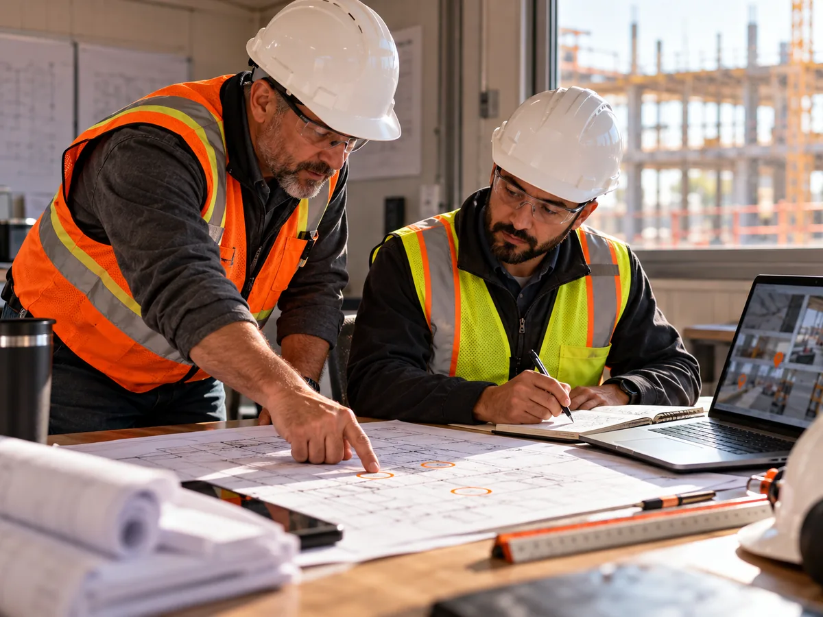 Two experienced construction professionals review printed drawings together at a table in a site office, one pointing at the plan while the other takes notes.