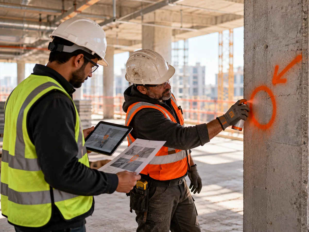 A foreman sprays an orange circle and arrow on a concrete column while a project manager checks a printed report and tablet against the marked spot.