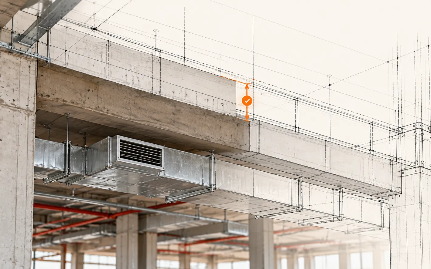 A concrete beam and ductwork under construction overlaid with the BIM wireframe. The real beam sits lower than its designed position, and an orange dimension arrow measures the deviation.