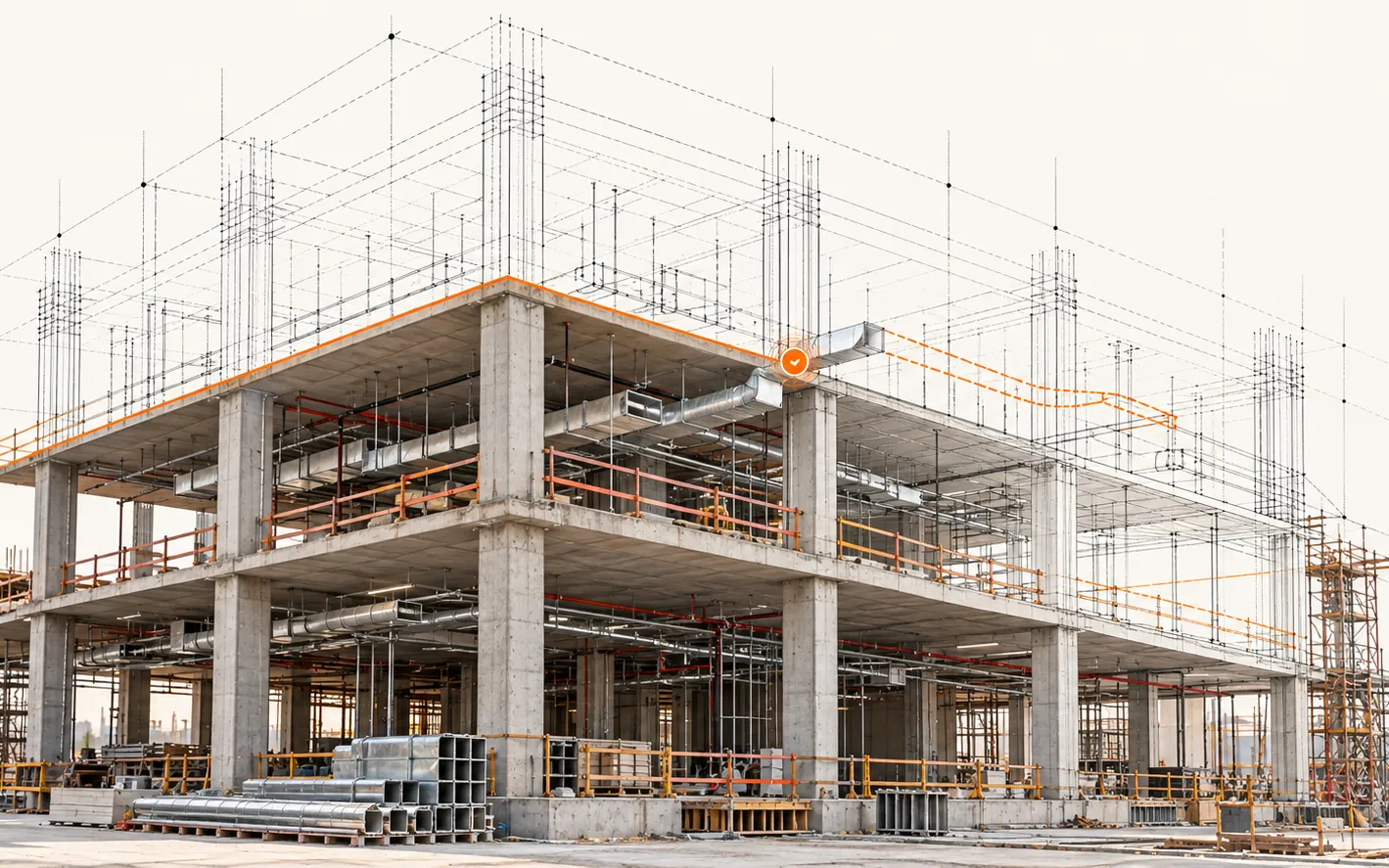 A multi-storey concrete building under construction. The completed floors and installed ductwork are real; an orange line marks the current level, and the planned duct route continues as a dashed orange line into the wireframe of the levels still to come.