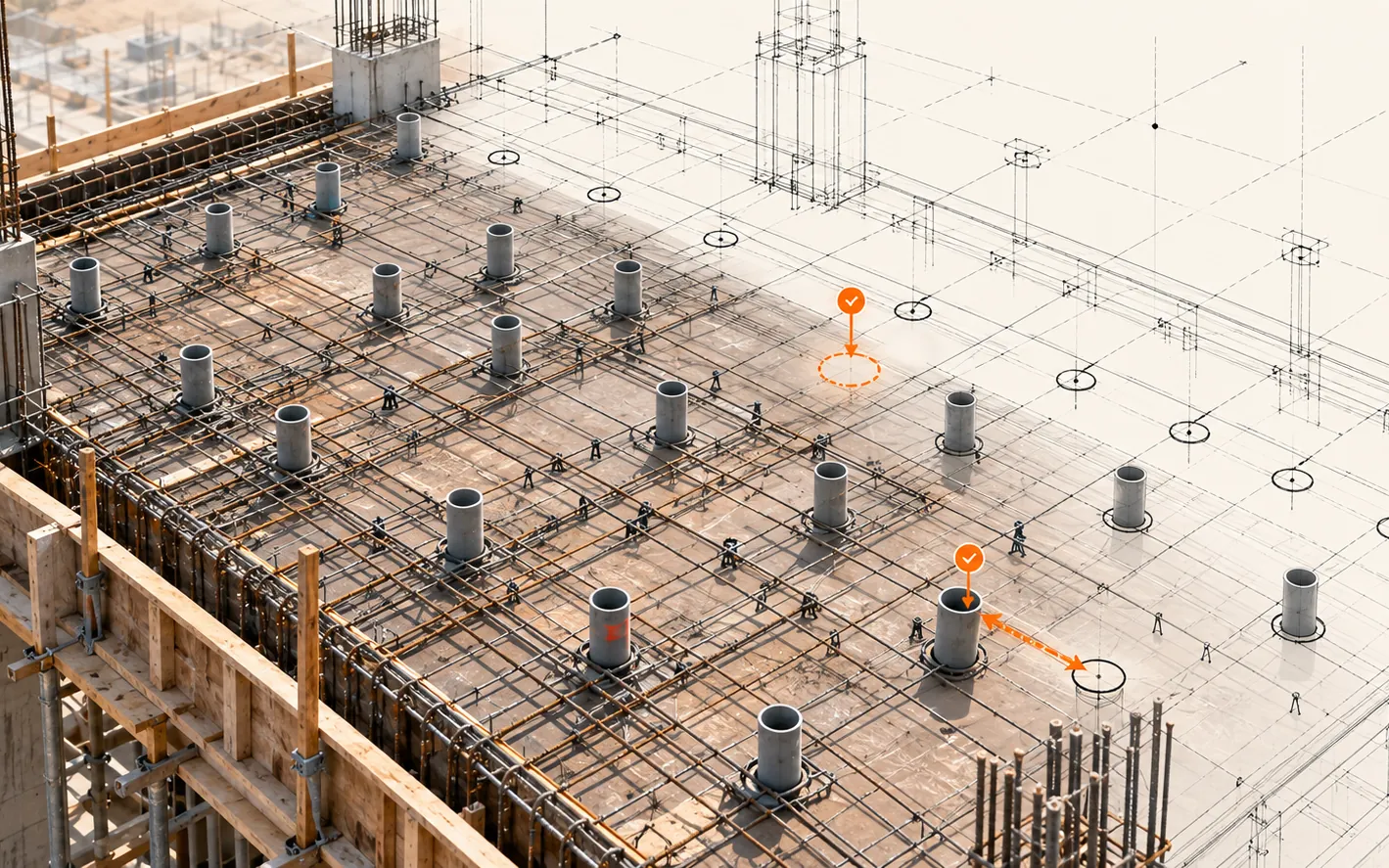 A rebar slab before the pour with sleeves standing in their designed positions. An orange dashed circle marks a missing sleeve, and an orange arrow shows a misplaced sleeve and where it should be.
