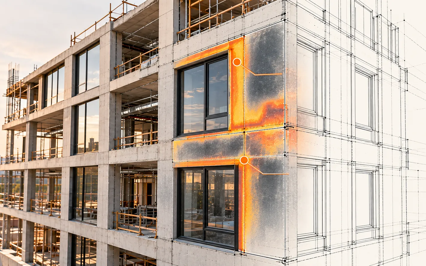 A building facade under construction with a thermal inspection overlay. Orange heat leakage around a window frame and wall joint is marked by two finding markers.