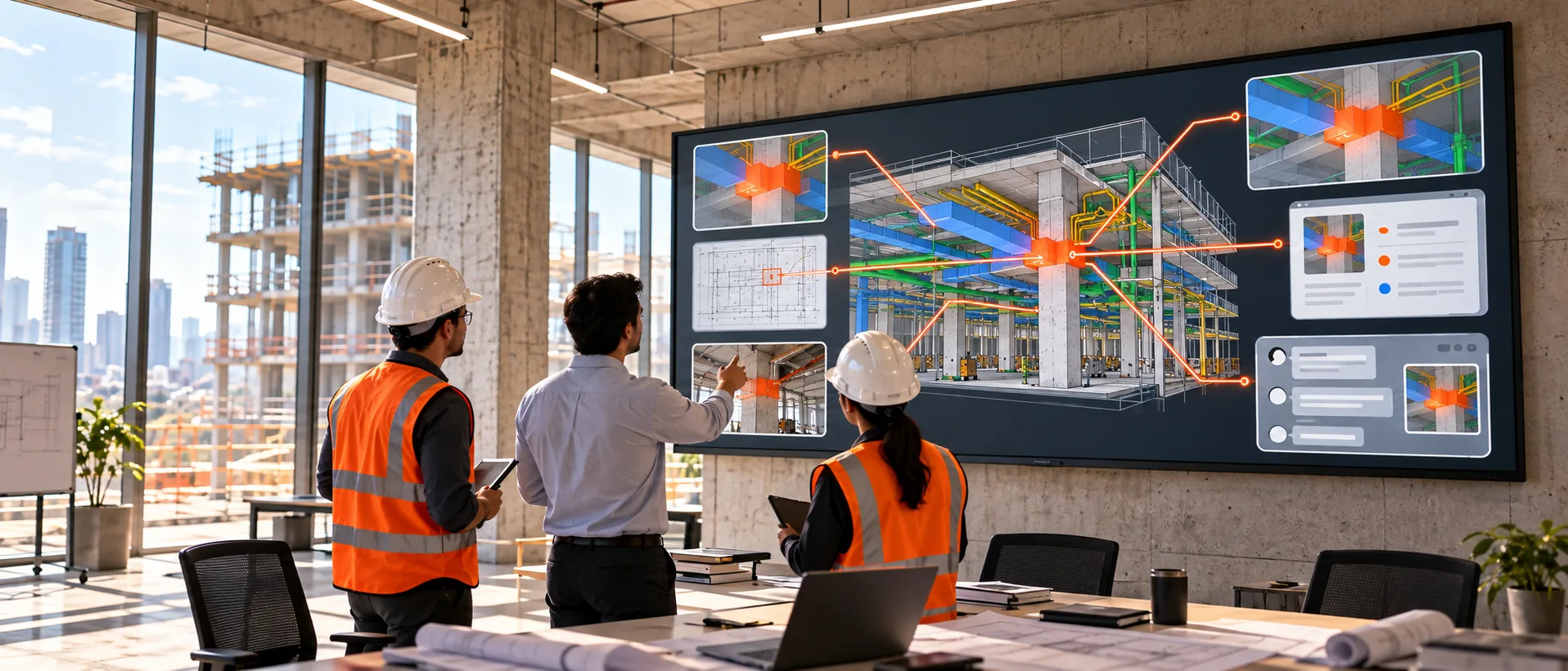 A project team at a wall display where the model, issues, RFIs, discussions, drawings and field photos are all linked.
