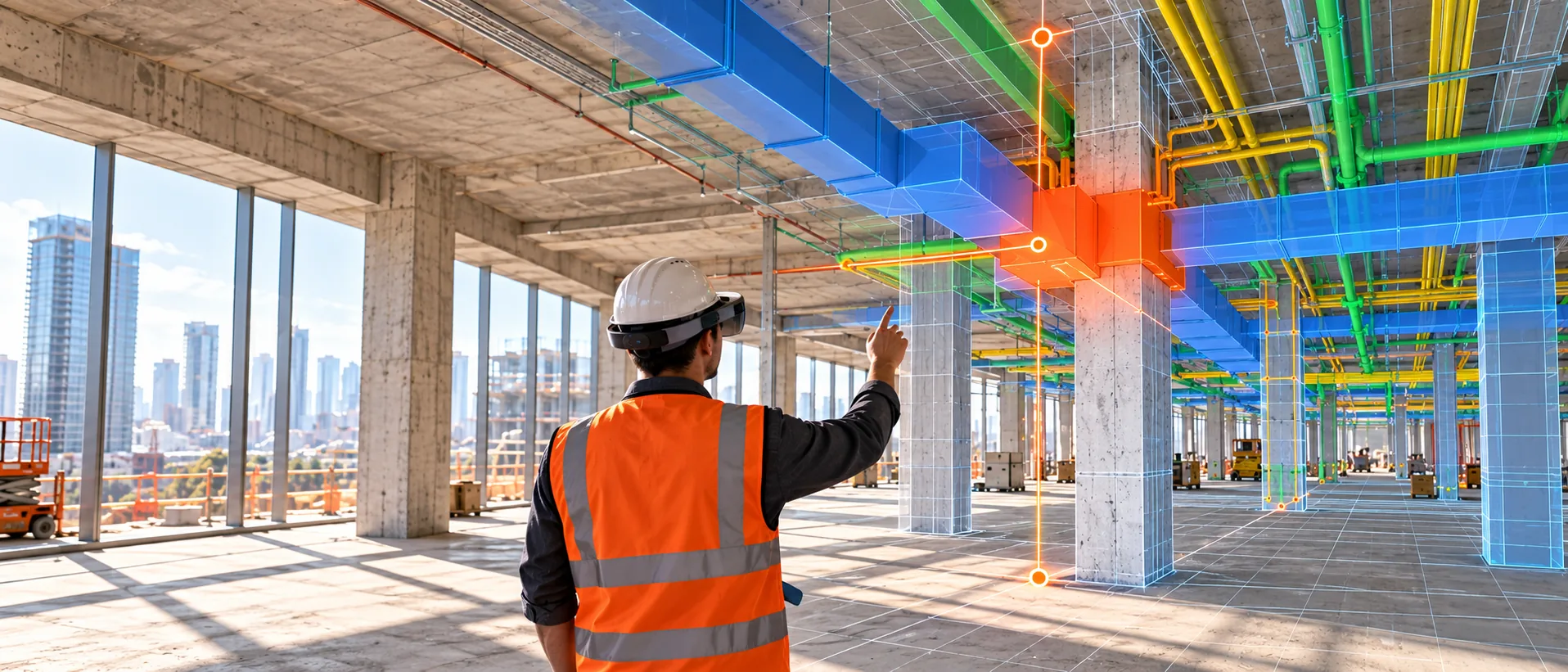 A worker in a mixed-reality headset on the jobsite, the BIM model aligned over the real building.