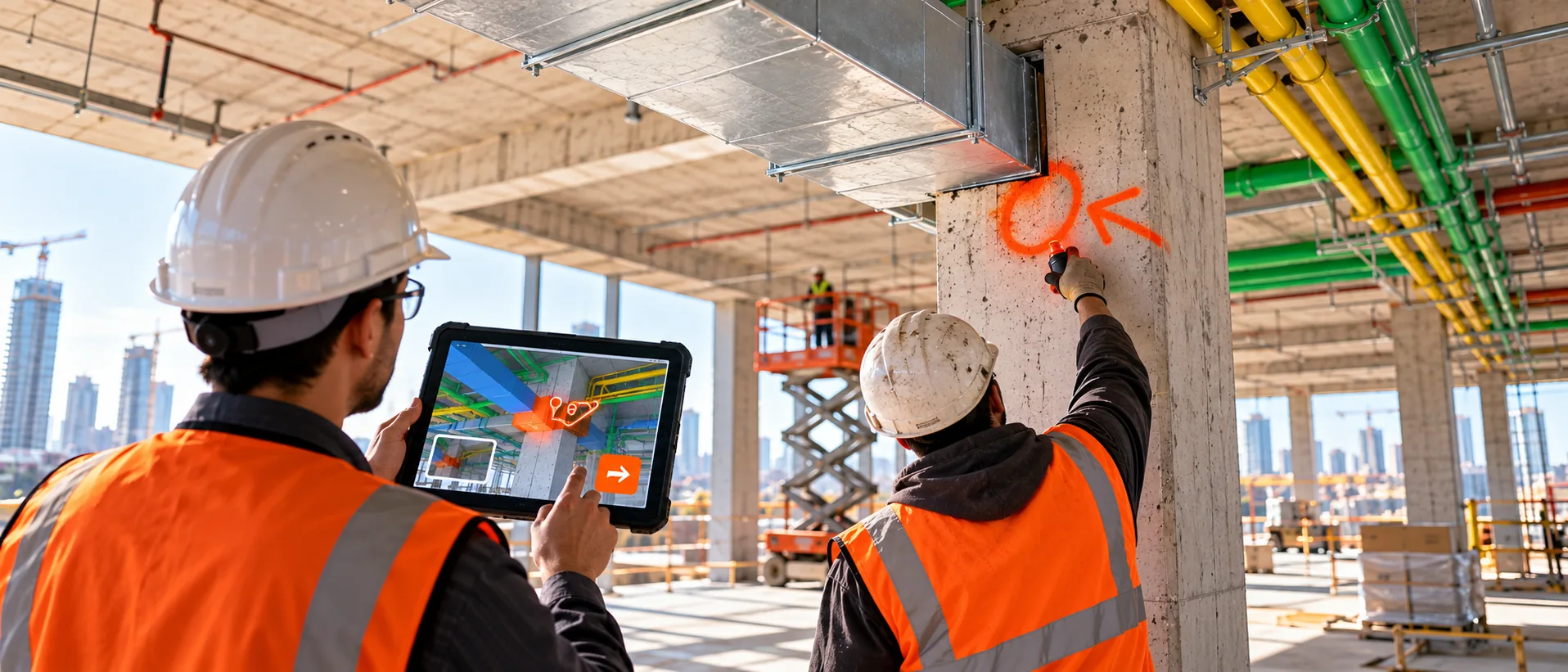 Field workers marking an issue on a concrete column while a tablet shows the same issue in the model.