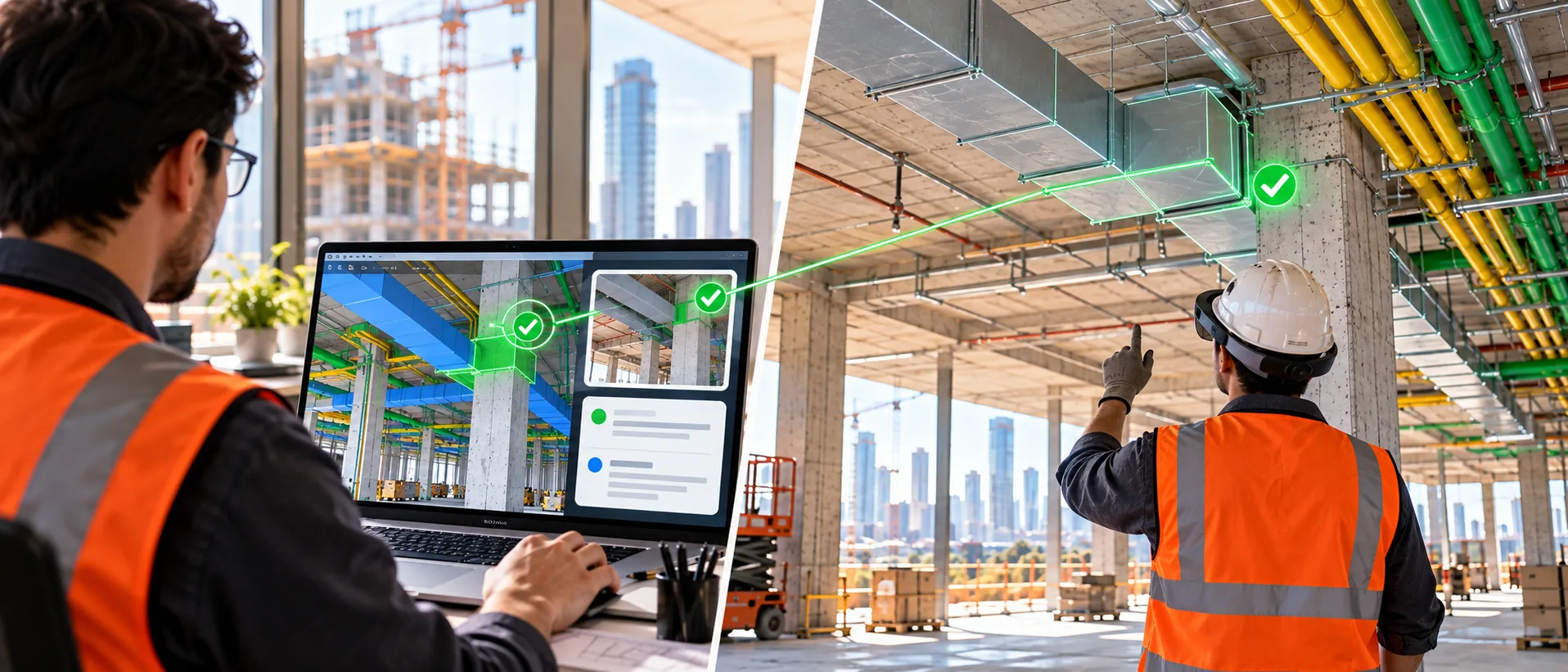 A split view: field issues reviewed in the model on a laptop, and the same item seen in mixed reality on site.