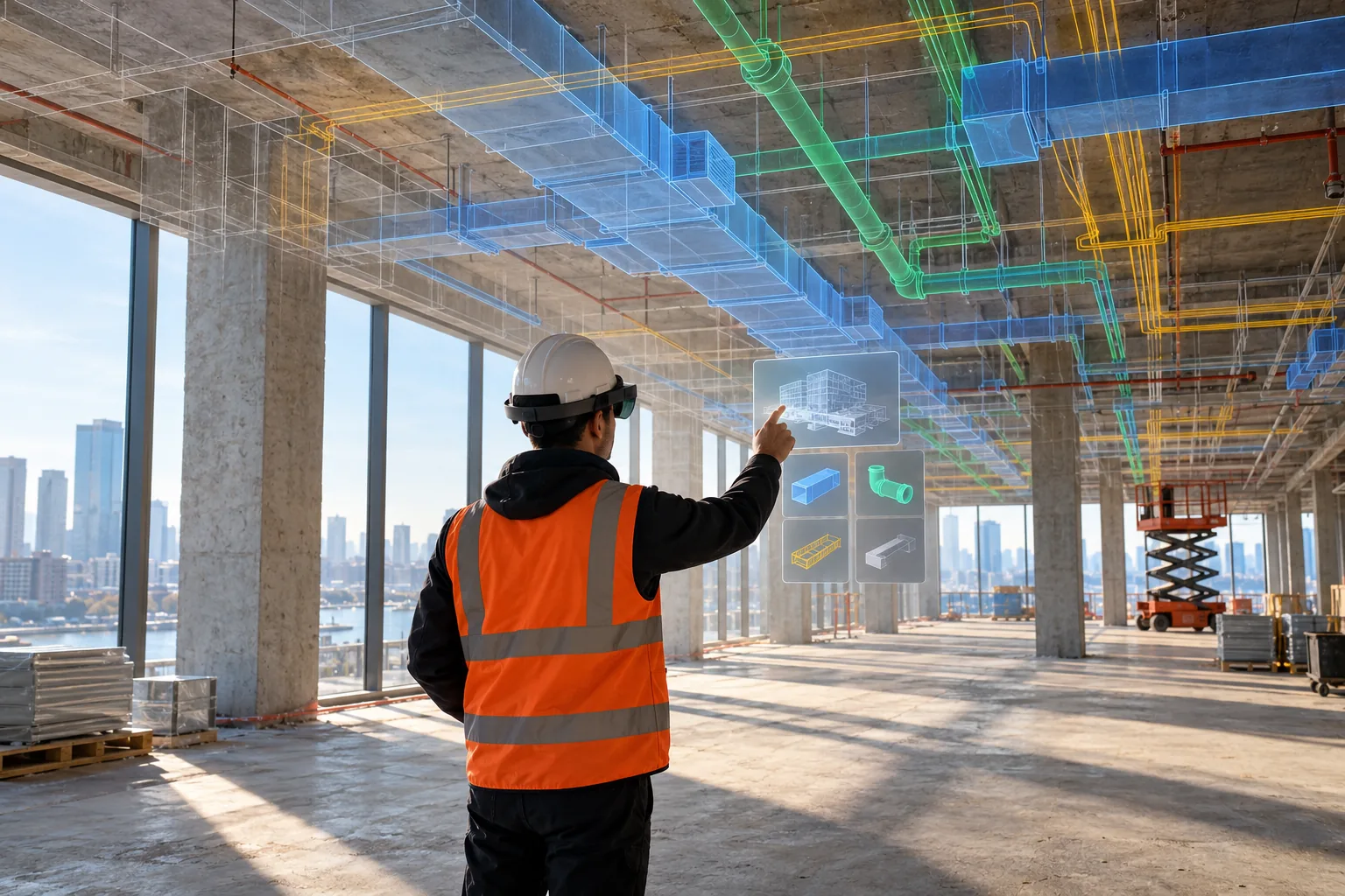 A worker in a mixed-reality headset opening the BIM model on site, with the model library beside them.