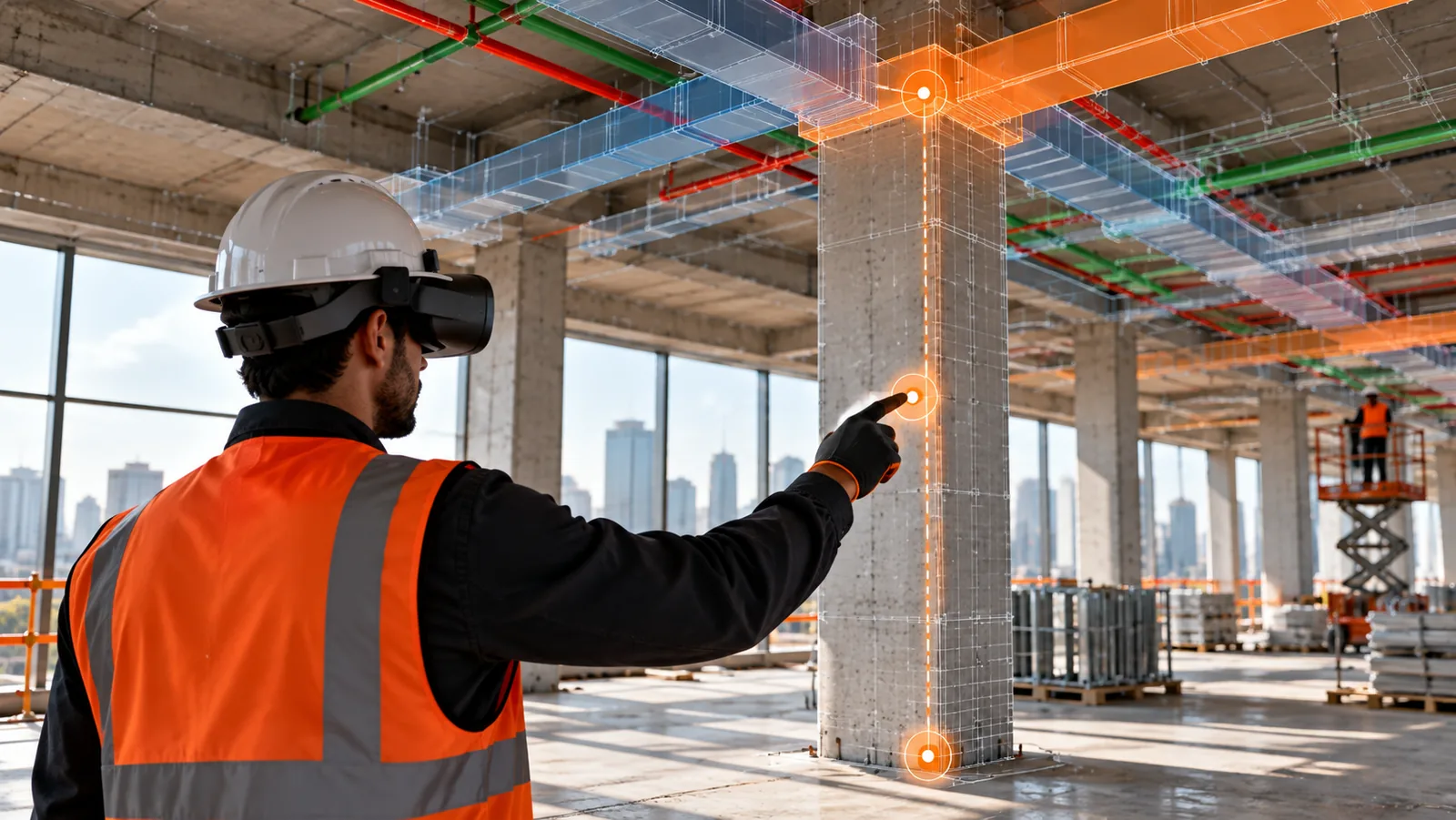 The worker selecting reference points on a column of the BIM model.