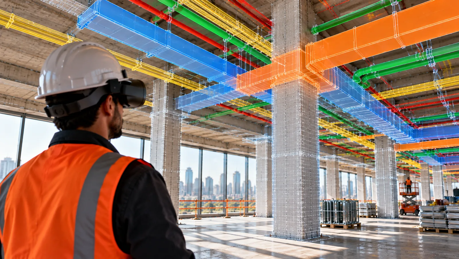 The full BIM model aligned on the real building, the design seen against the jobsite.